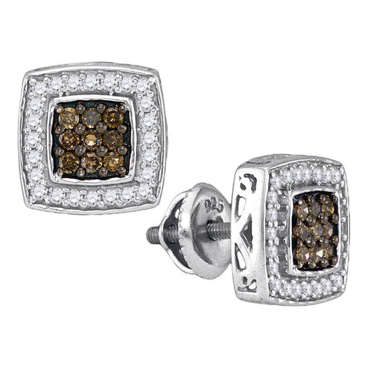 14k White Gold Round Brown Diamond Square Cluster Earrings 1/2 Cttw