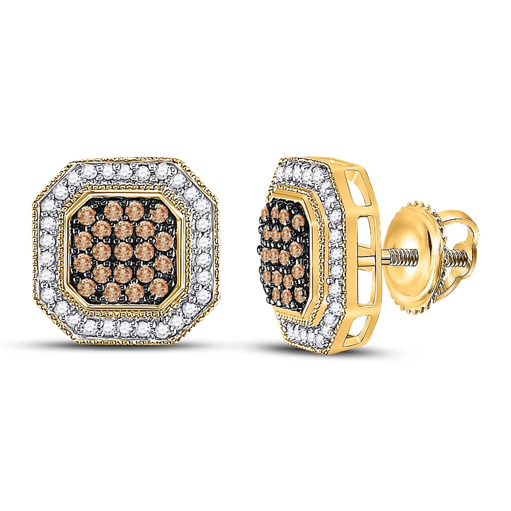 10k Yellow Gold Round Brown Diamond Octagon Cluster Earrings 1/2 Cttw