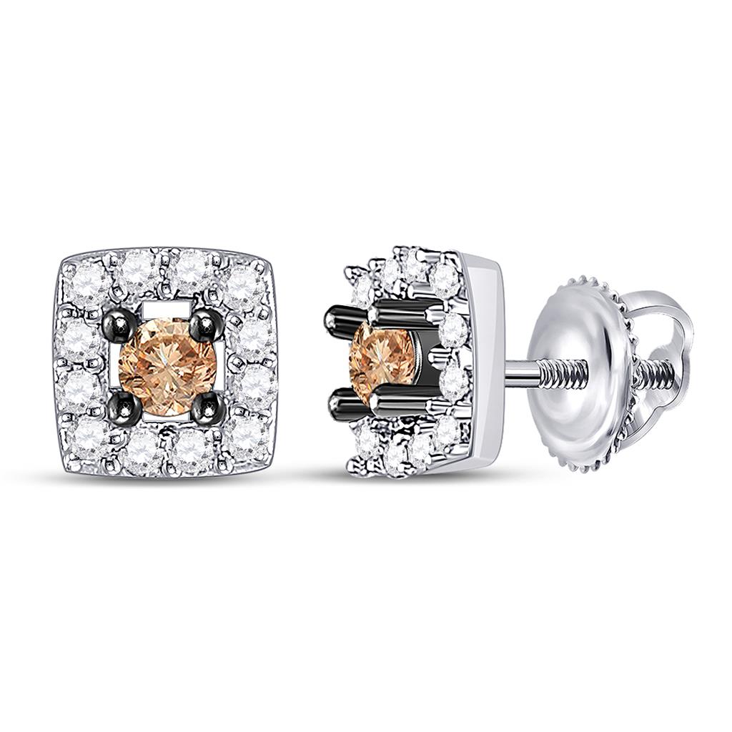 14k White Gold Round Brown Diamond Square Earrings 1/4 Cttw