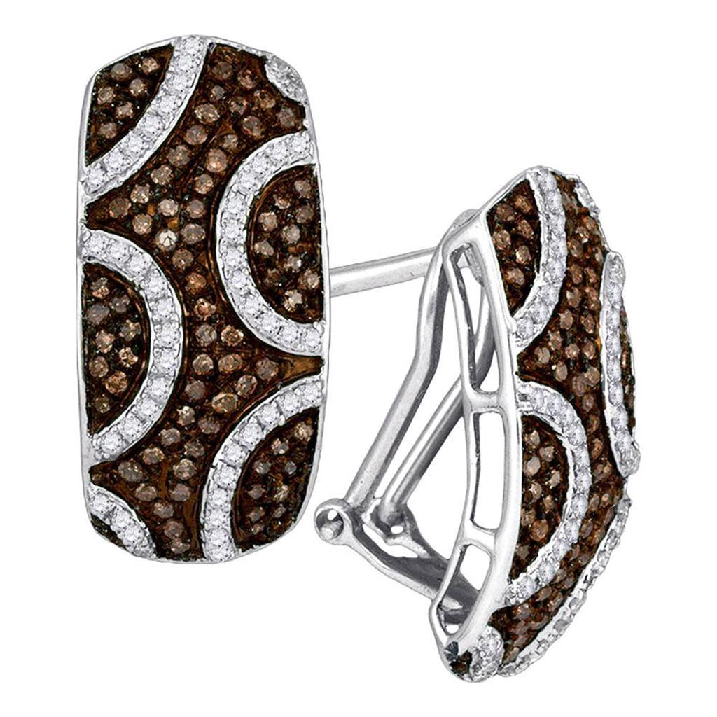 14k White Gold Round Brown Diamond Hoop Earrings 7/8 Cttw