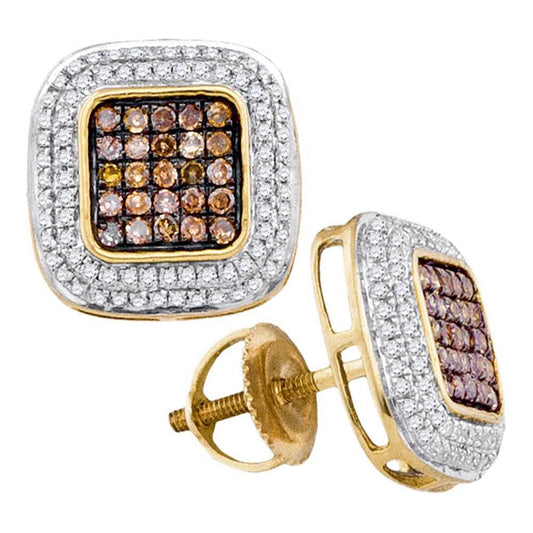 10k Yellow Gold Round Brown Diamond Square Cluster Earrings 1/2 Cttw