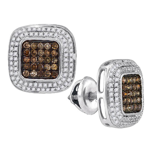 14k White Gold Round Brown Diamond Square Cluster Earrings 1/2 Cttw