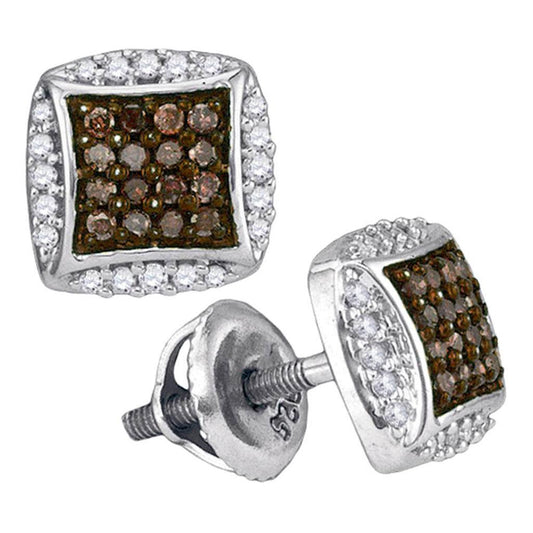 14k White Gold Brown Diamond Square Cluster Earrings 1/3 Cttw
