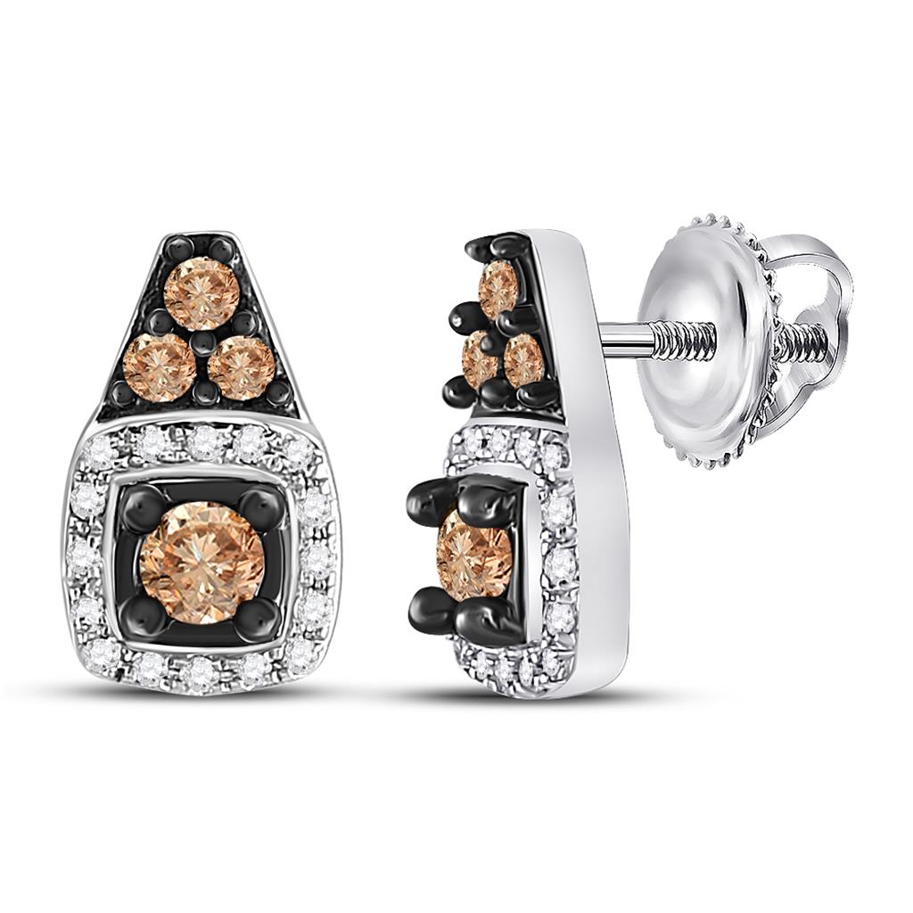 14k White Gold Round Brown Diamond Square Earrings 3/8 Cttw