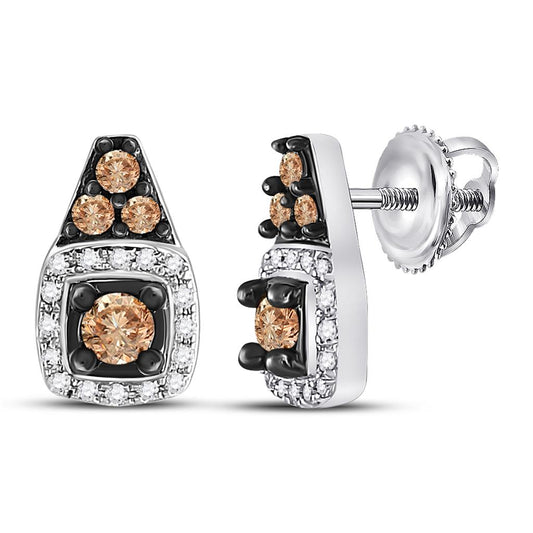 14k White Gold Round Brown Diamond Square Earrings 3/8 Cttw