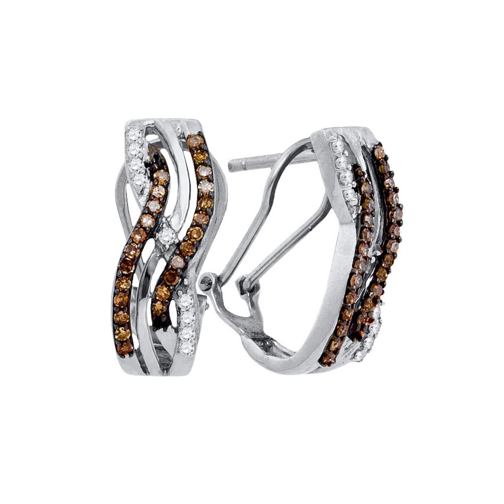 14k White Gold Round Brown Diamond Fashion Hoop Earrings 1/2 Cttw