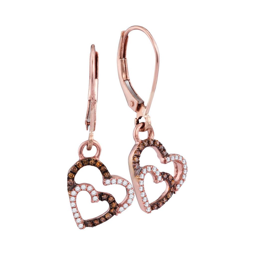 10k Rose Gold Brown Double Heart Diamond Dangle Earrings 1/5 Cttw