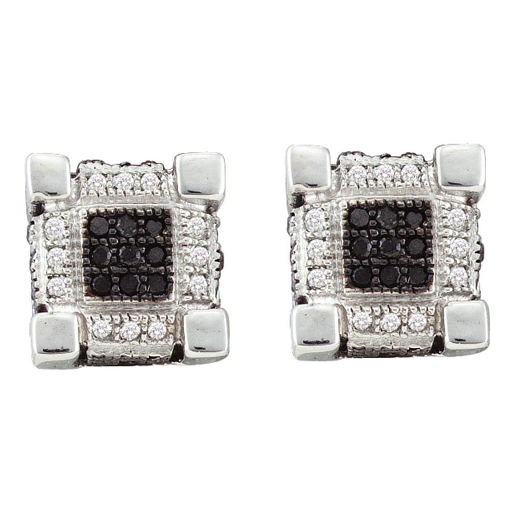 14k White Gold Round Black Diamond 3D Cube Square Earrings 1/3 Cttw