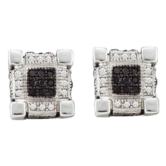 14k White Gold Round Black Diamond 3D Cube Square Earrings 1/3 Cttw