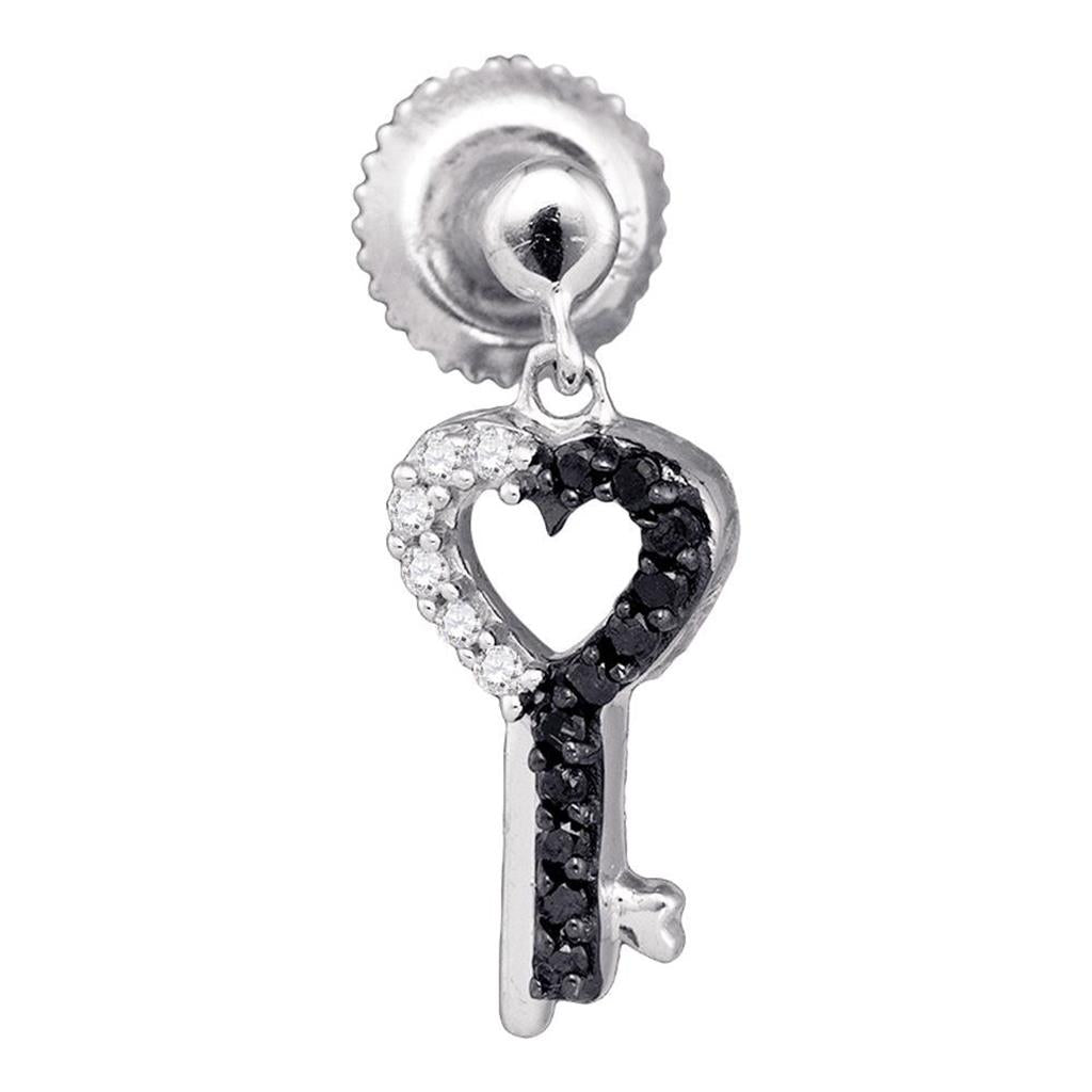 14k White Gold Black Diamond Key Heart Dangle Earrings 1/6 Cttw