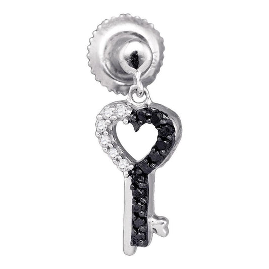 14k White Gold Black Diamond Key Heart Dangle Earrings 1/6 Cttw