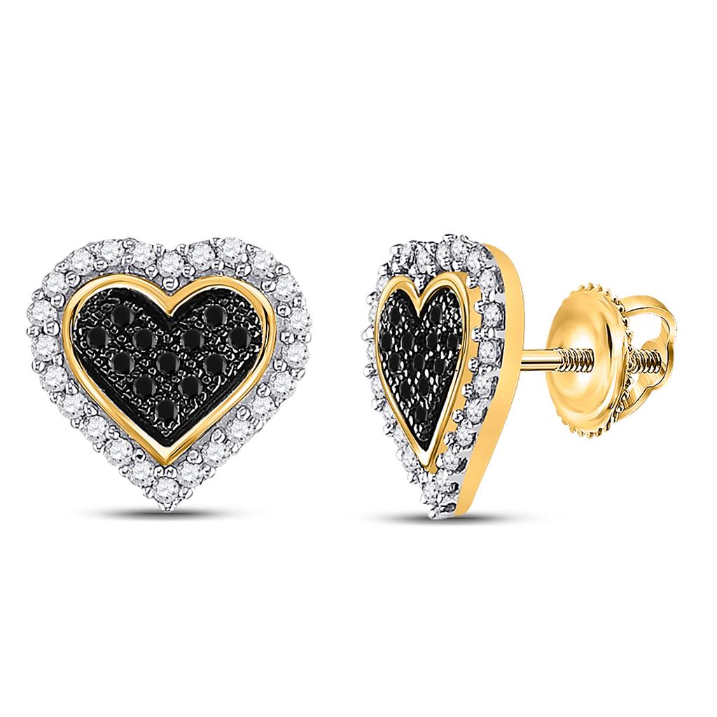 10k Yellow Gold Round Black Diamond Heart Earrings 1/4 Cttw