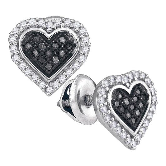 14k White Gold Round Black Diamond Heart Earrings 1/4 Cttw
