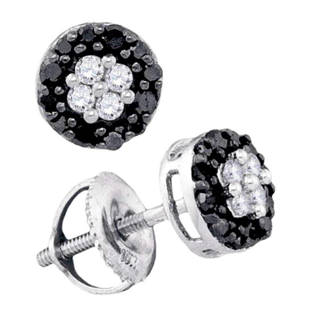 14k White Gold Round Black Diamond Cluster Earrings 1/3 Cttw