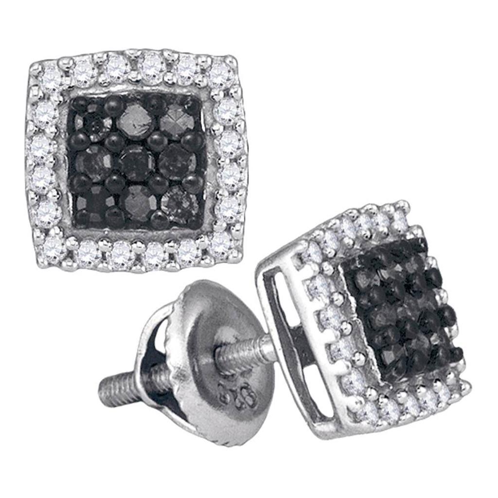 14k White Gold Black Diamond Square Cluster Earrings 1/2 Cttw