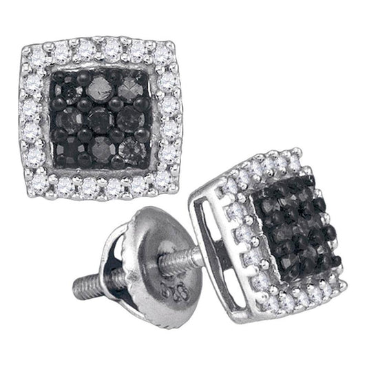 14k White Gold Black Diamond Square Cluster Earrings 1/2 Cttw