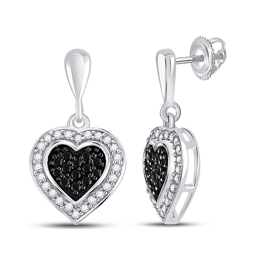 14k White Gold Black Diamond Heart Dangle Earrings 1/2 Cttw