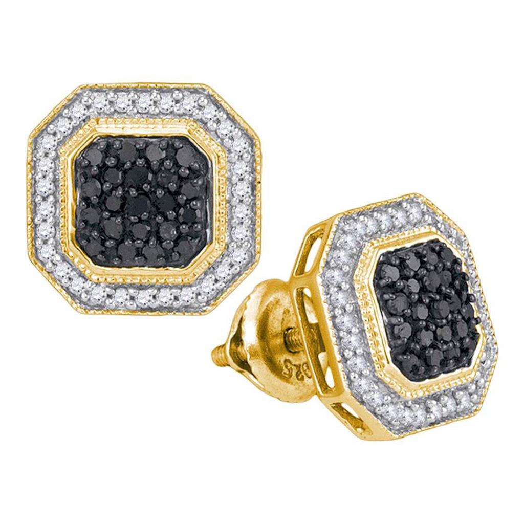 10k Yellow Gold Round Black Diamond Octagon Earrings 1/2 Cttw