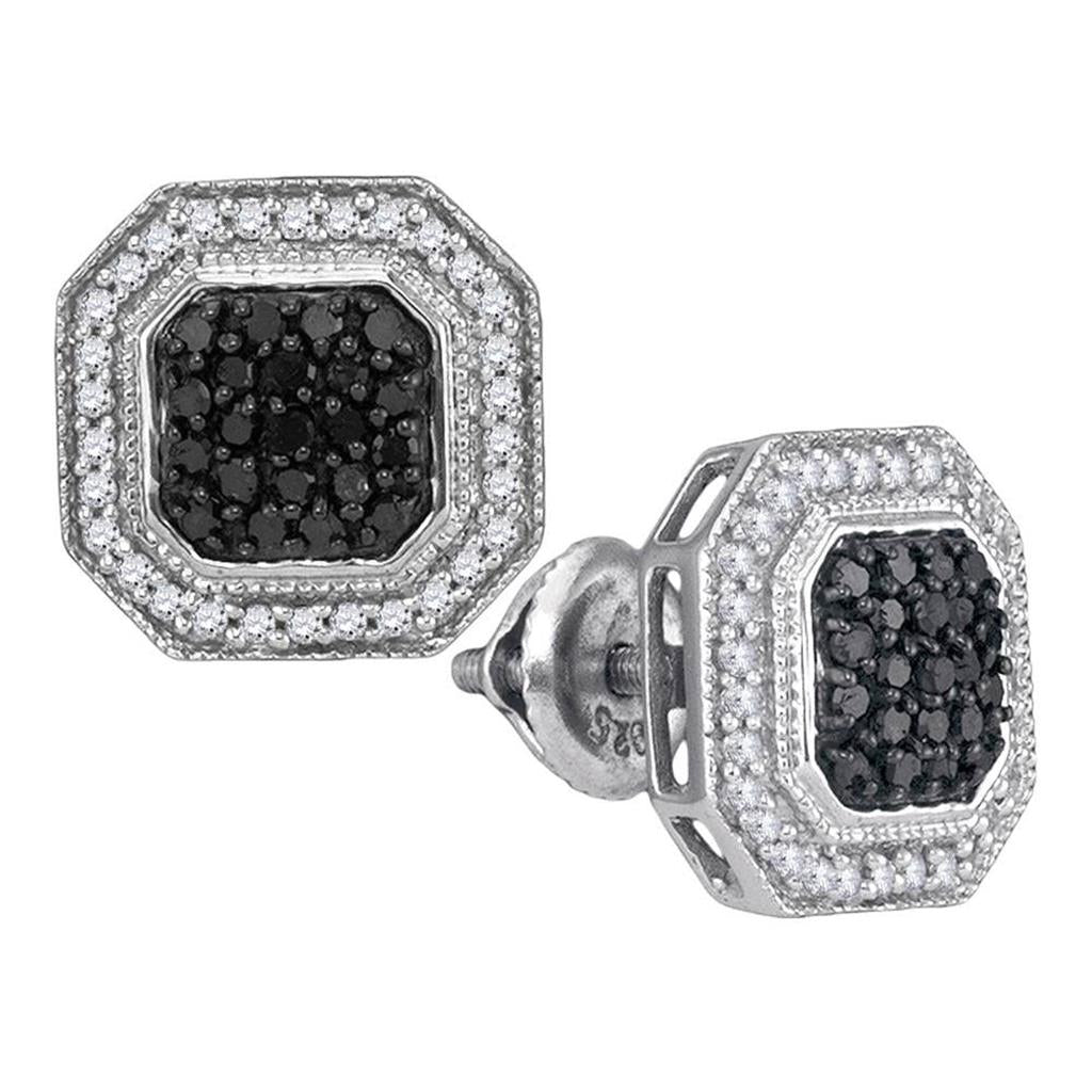 14k White Gold Round Black Diamond Octagon Earrings 1/2 Cttw