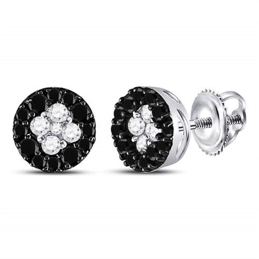 14k White Gold Round Black Diamond Cluster Earrings 1/3 Cttw