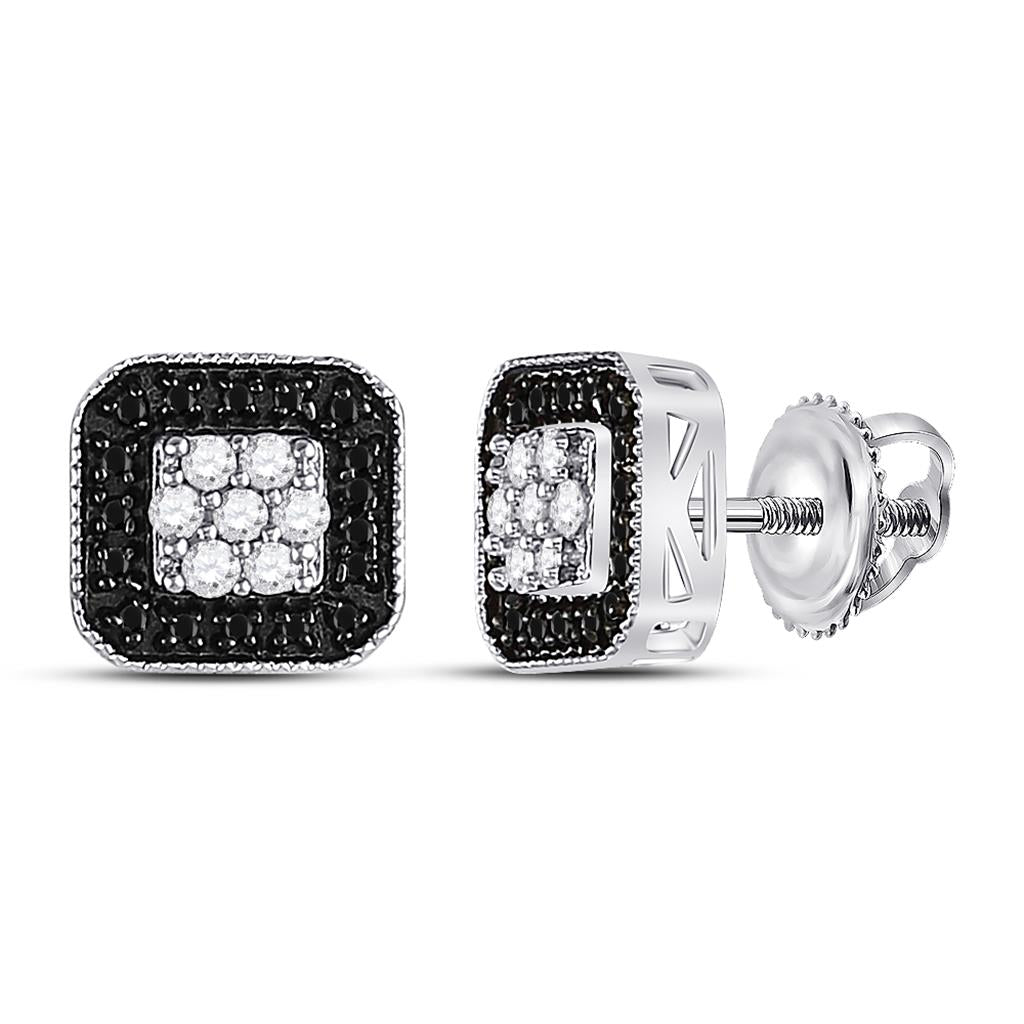 14k White Gold Black Diamond Square Cluster Earrings 1/4 Cttw