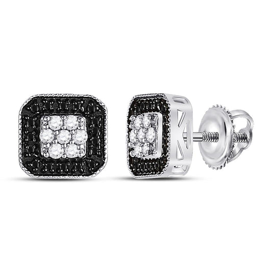 14k White Gold Black Diamond Square Cluster Earrings 1/4 Cttw