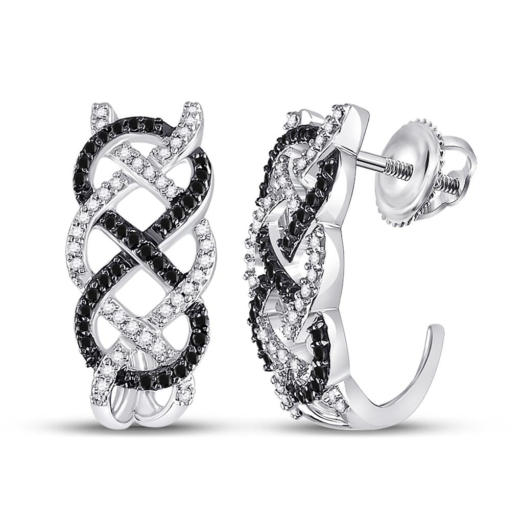 14k White Gold Round Black Diamond Hoop Earrings 1/2 Cttw