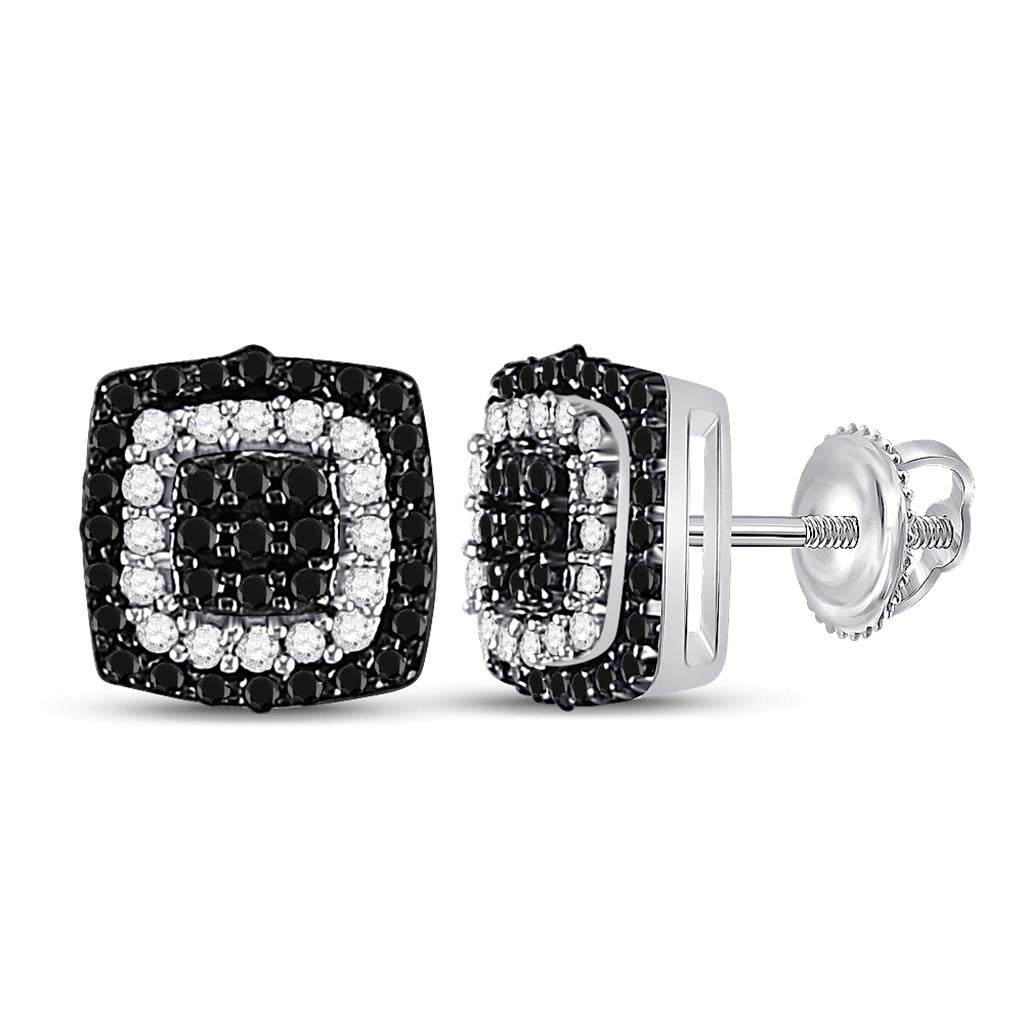 14k White Gold Round Black Diamond Square Cluster Earrings 1/5 Cttw