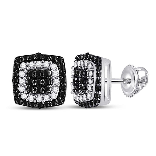 14k White Gold Round Black Diamond Square Cluster Earrings 1/5 Cttw