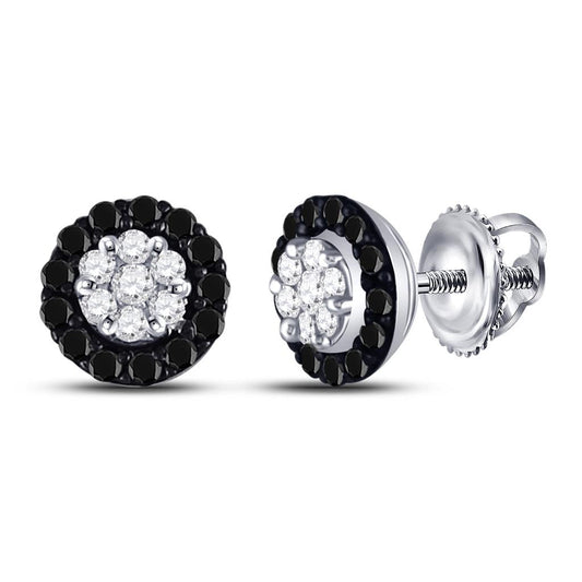 14k White Gold Round Black Diamond Cluster Earrings 1/4 Cttw