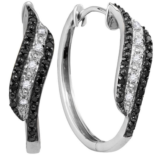 14k White Gold Round Black Diamond Hoop Earrings 1/5 Cttw