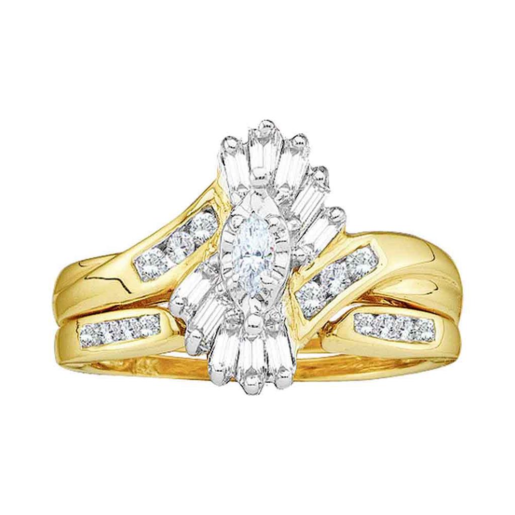 1/2 CTW Natural Marquise Baguette u0026 Round Diamonds Bridal Set in 14K Yellow Gold