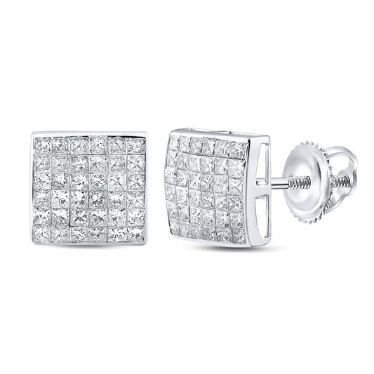 14k White Gold Princess Diamond Square Cluster Earrings 2 Cttw