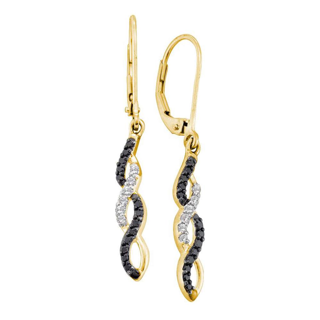 14k Yellow Gold Round Black Diamond Twist Dangle Earrings 1/3 Cttw