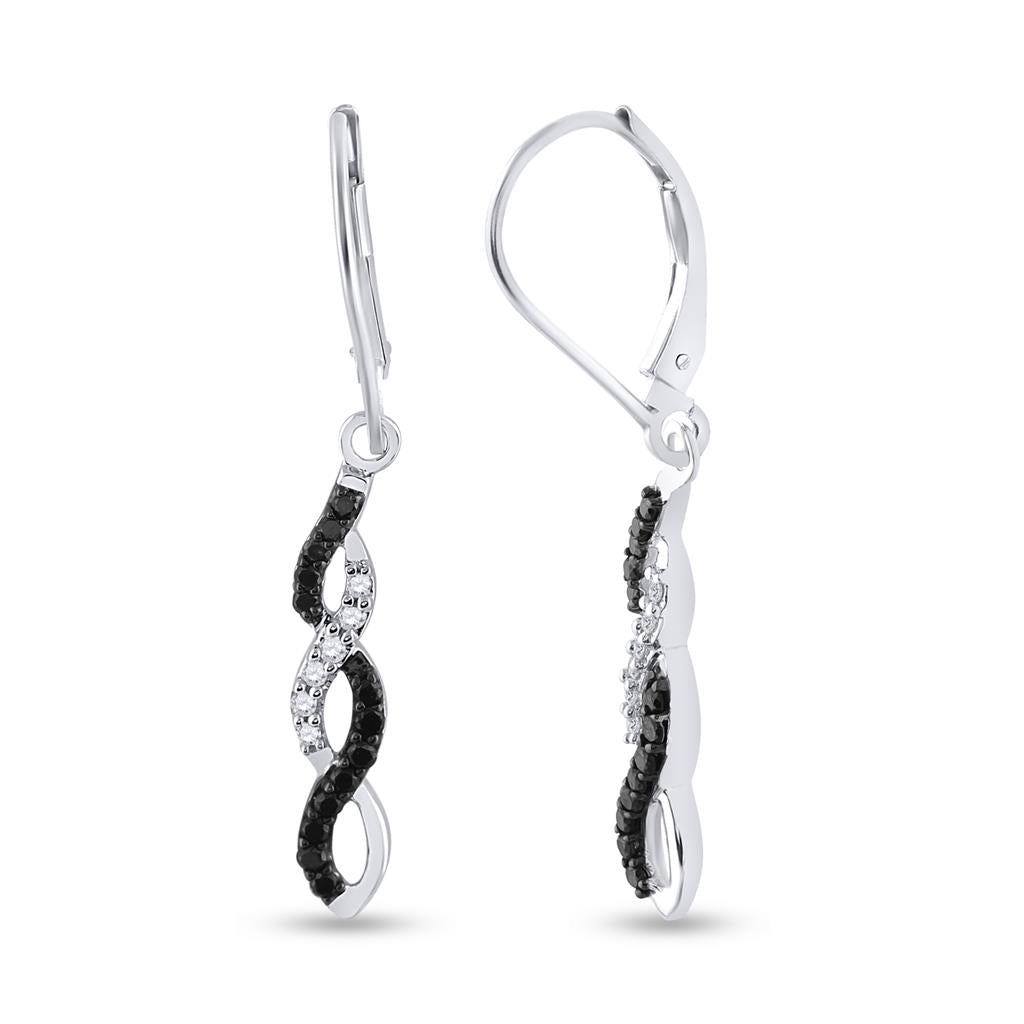 14k White Gold Round Black Diamond Twist Dangle Earrings 1/3 Cttw
