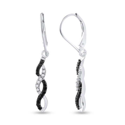 14k White Gold Round Black Diamond Twist Dangle Earrings 1/3 Cttw