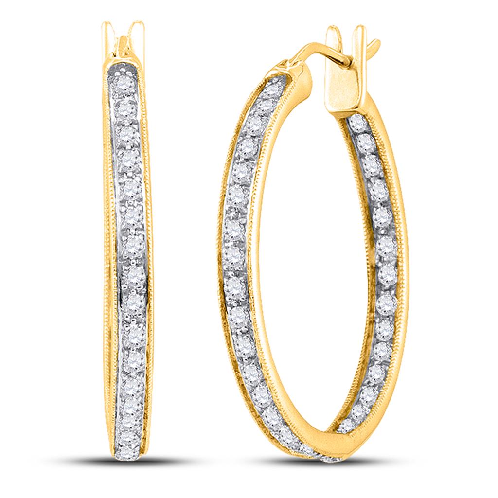 14k Yellow Gold Round Diamond Inside Outside Hoop Earrings 1/4 Cttw