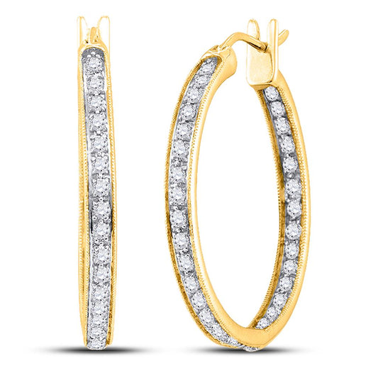 14k Yellow Gold Round Diamond Inside Outside Hoop Earrings 1/4 Cttw