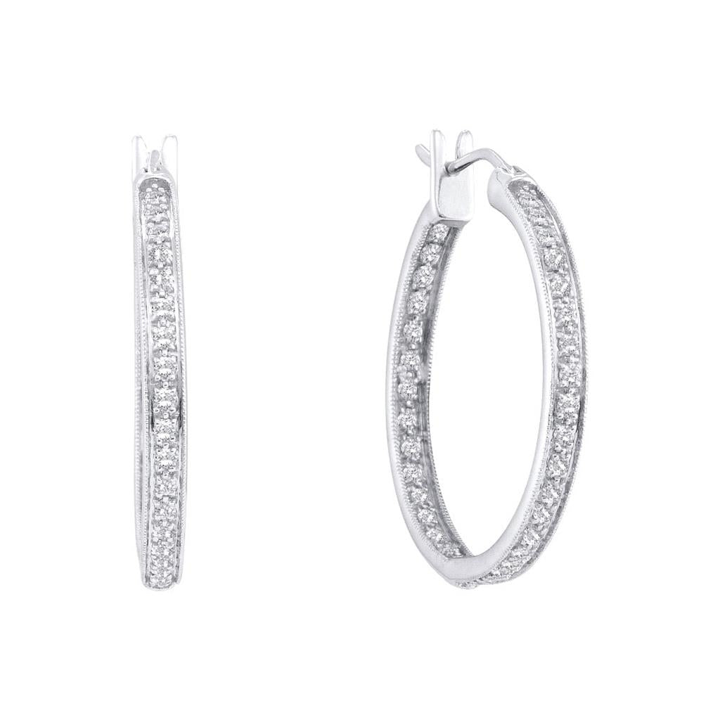14k White Gold Round Diamond Inside Outside Hoop Earrings 1/4 Cttw