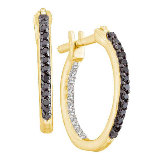 14k Yellow Gold Round Black Diamond Hoop Earrings 1/4 Cttw