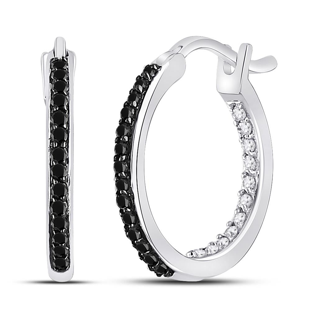 14k White Gold Round Black Diamond Hoop Earrings 1/4 Cttw