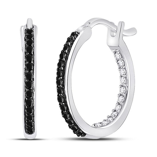 14k White Gold Round Black Diamond Hoop Earrings 1/4 Cttw