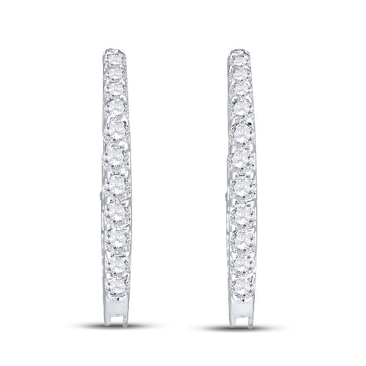 14k White Gold Round Diamond Single Row Hoop Earrings 1/4 Cttw