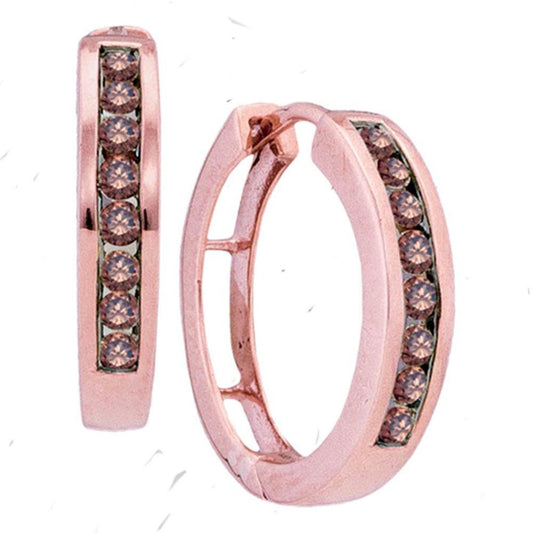 14k Rose Gold Round Brown Diamond Hoop Earrings 1/2 Cttw