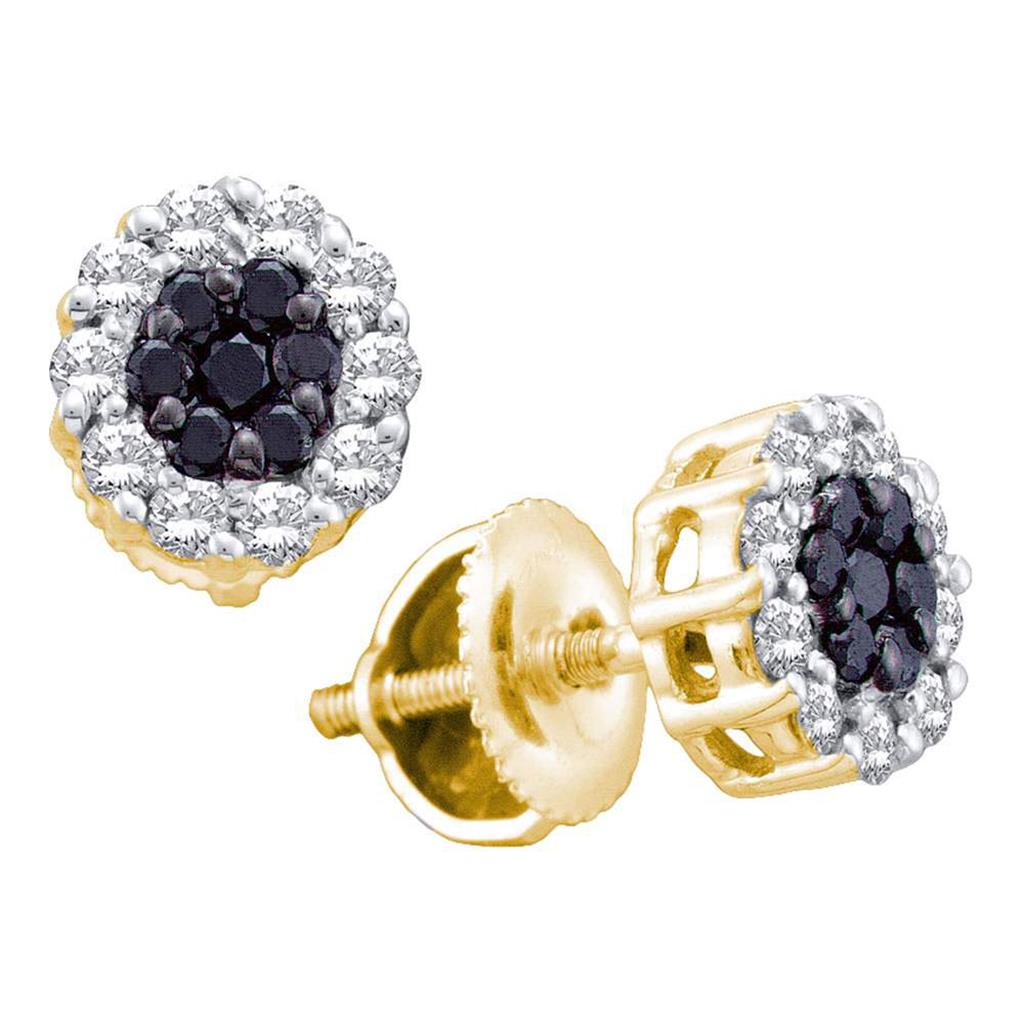 14k Yellow Gold Round Black Diamond Cluster Earrings 1/2 Cttw