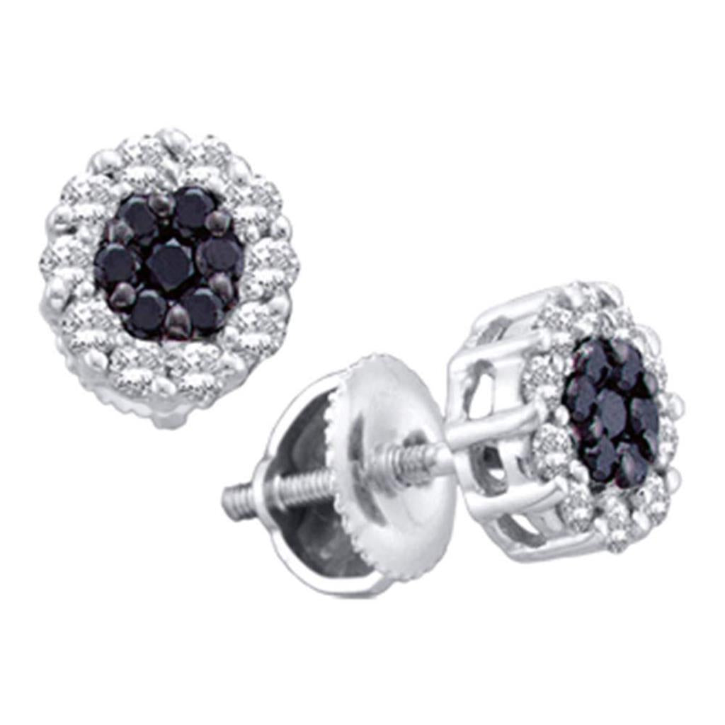 14k White Gold Round Black Diamond Cluster Earrings 1/2 Cttw