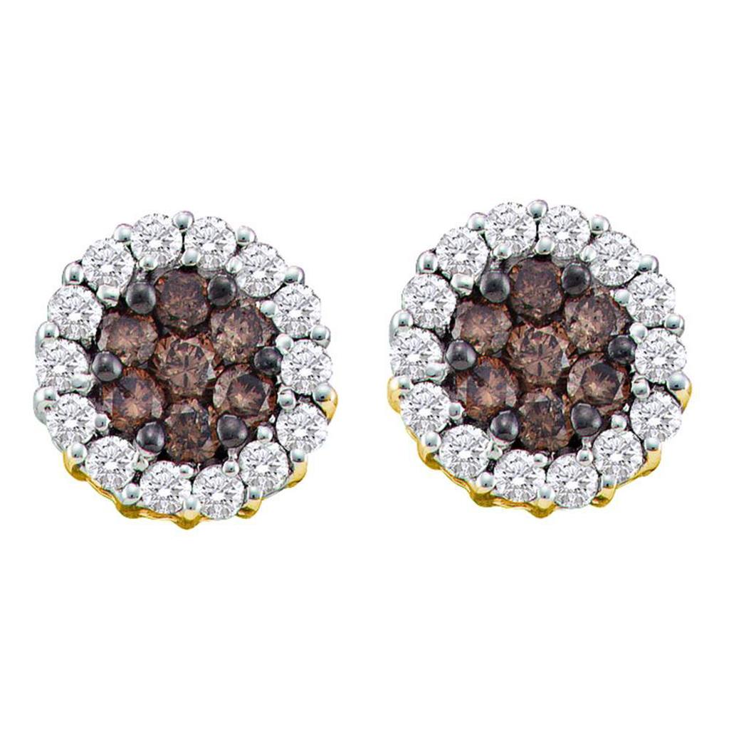 14k Yellow Gold Round Brown Diamond Flower Cluster Earrings 3/4 Cttw