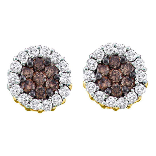 14k Yellow Gold Round Brown Diamond Flower Cluster Earrings 3/4 Cttw