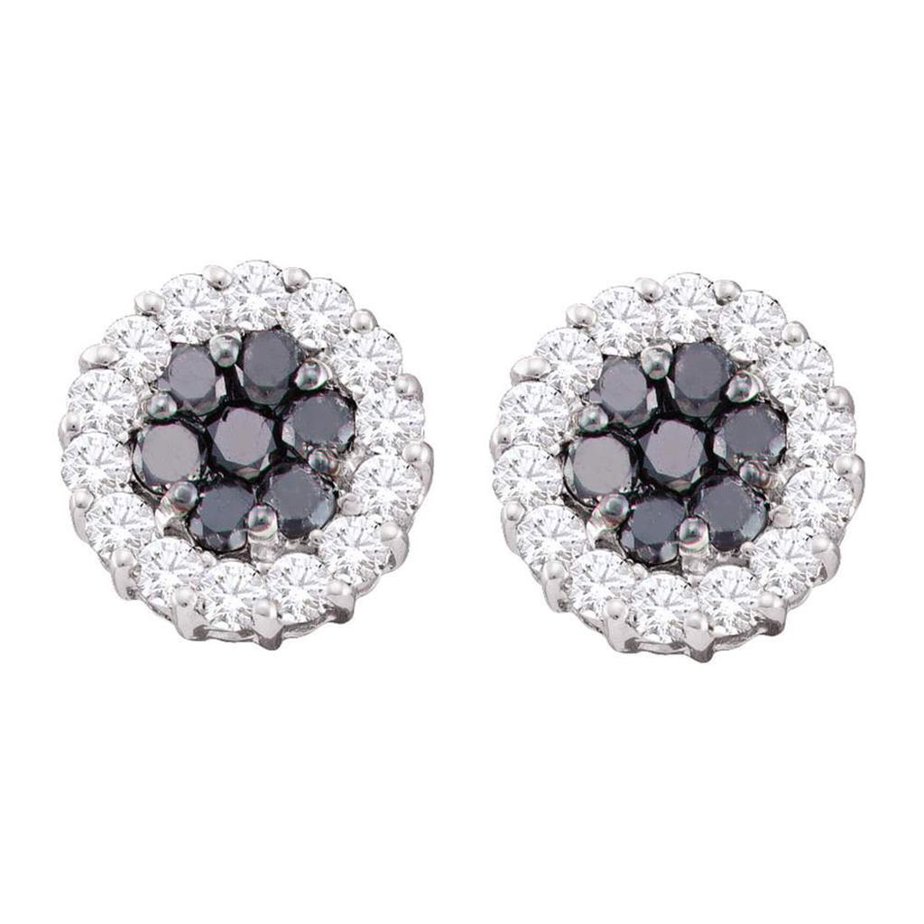 14k White Gold Round Black Diamond Flower Cluster Earrings 3/4 Cttw