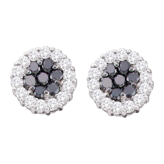 14k White Gold Round Black Diamond Flower Cluster Earrings 3/4 Cttw